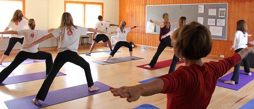 Group holding warrior II pose facing a whiteboard in a wood-paneled room
