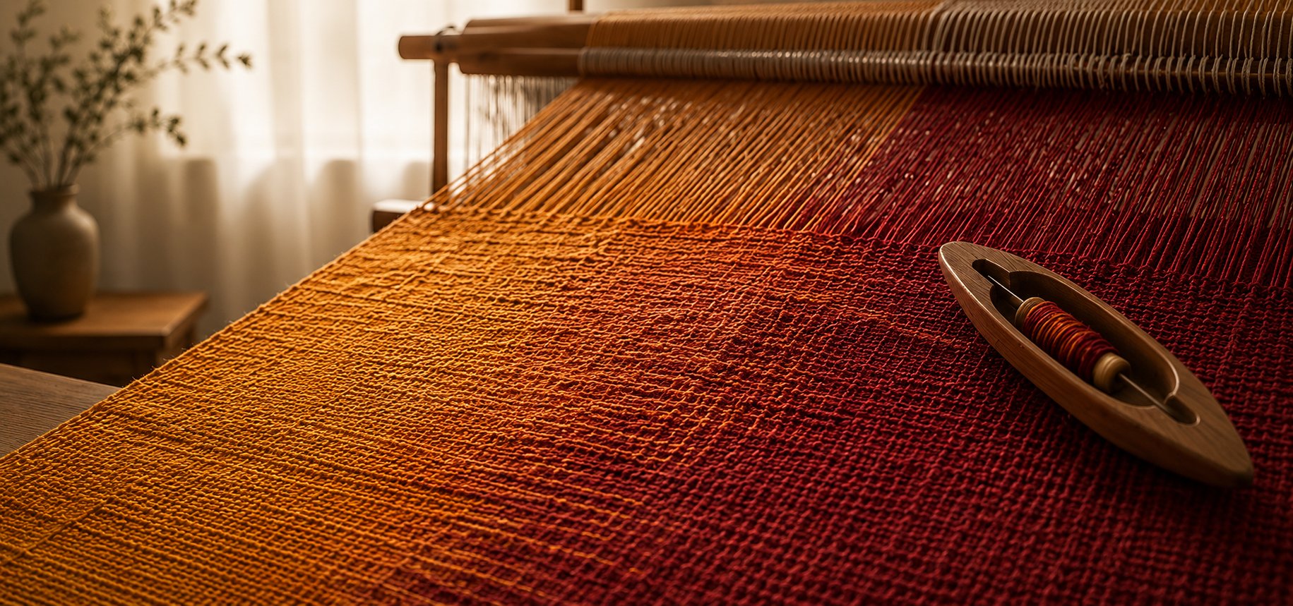 A saffron-to-crimson tapestry being woven on a wooden loom
