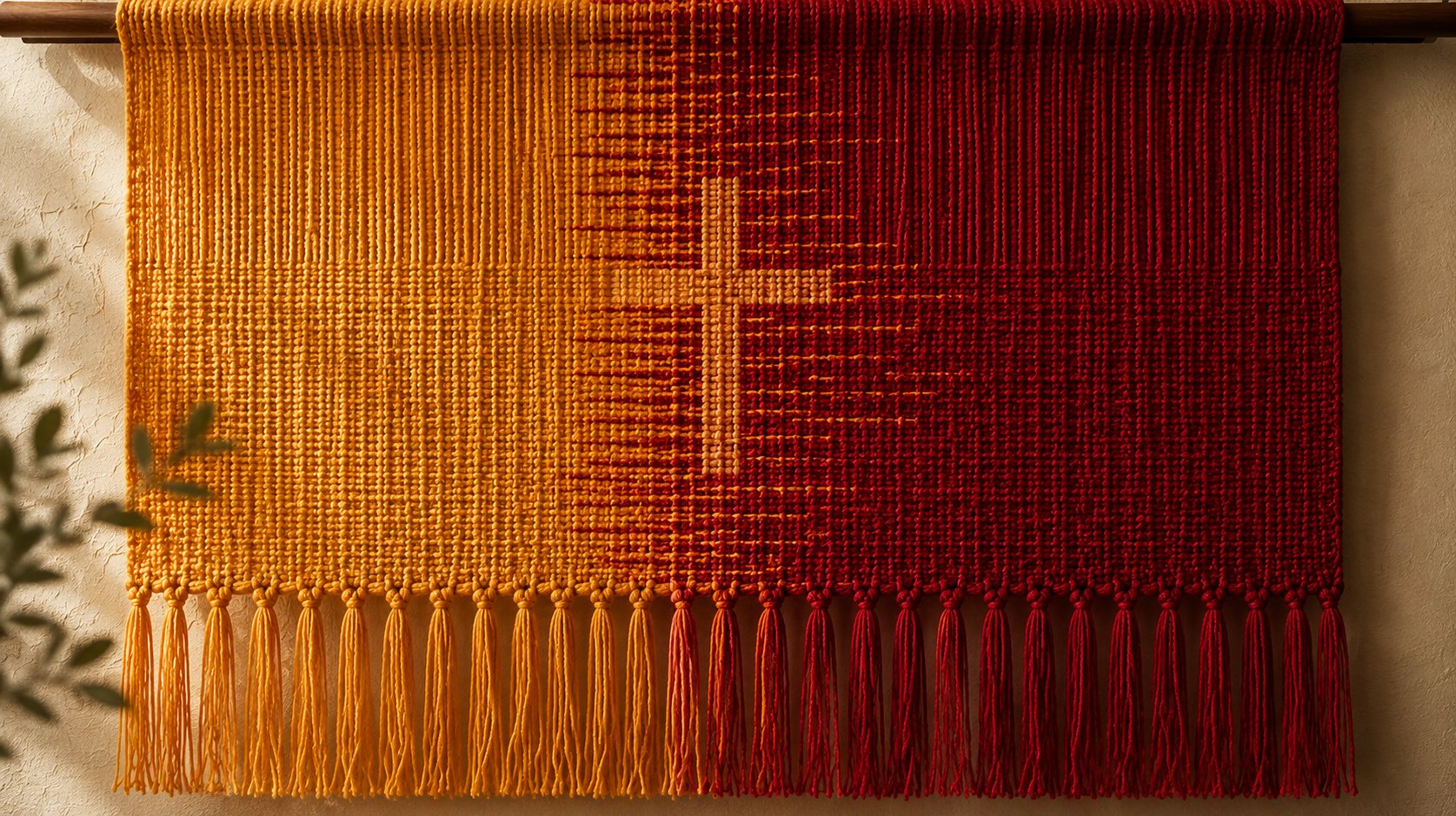 The finished saffron-to-crimson woven tapestry with a cross pattern, hanging with fringe